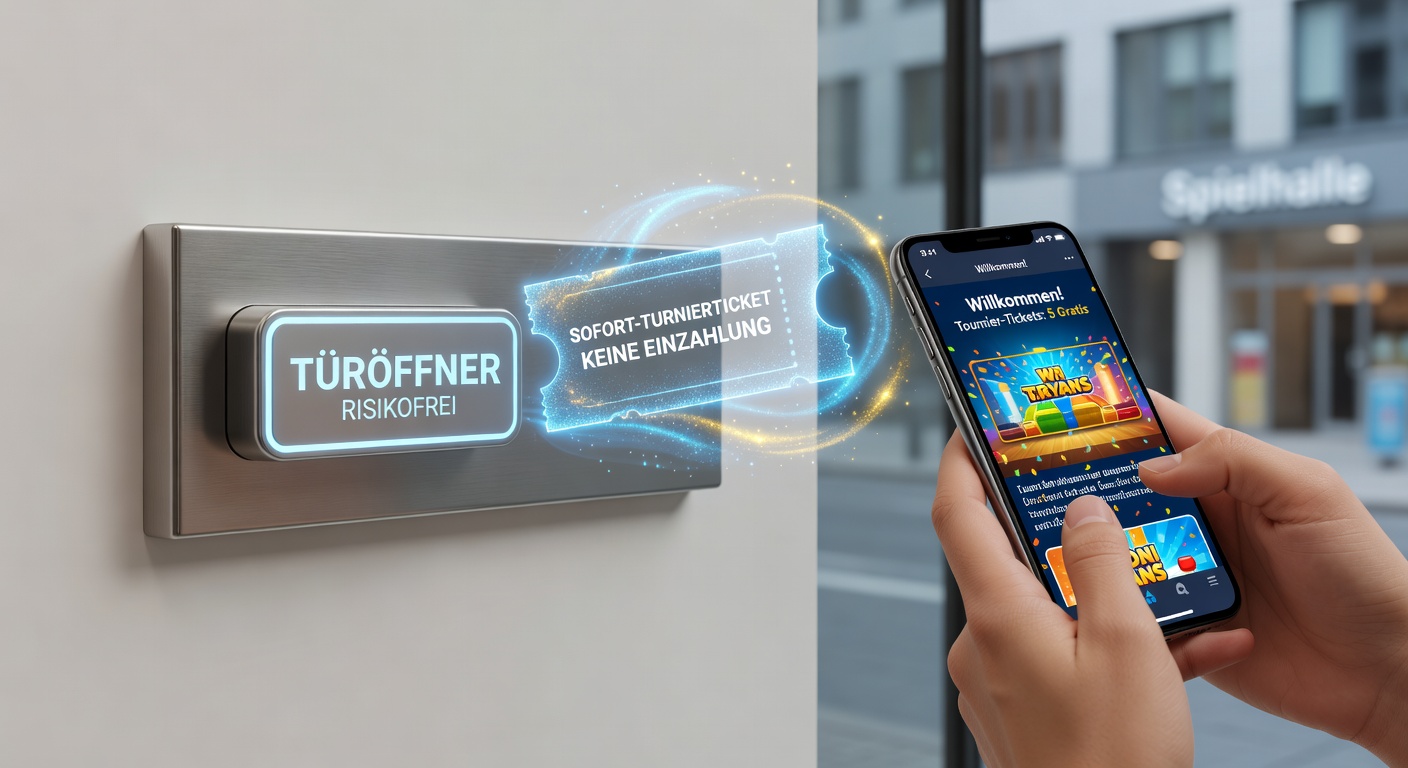 Smartphone mit Poker-App und No-Deposit-Turnier-Ticket im Vordergrund, das mobile Spieler ohne Risiko einlädt
