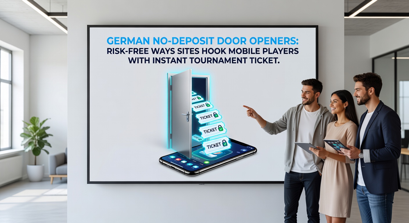 Gruppe von Spielern an Smartphones, die No-Deposit-Turniere auf Poker-Apps genießen, mit Preistrophäen im Hintergrund
