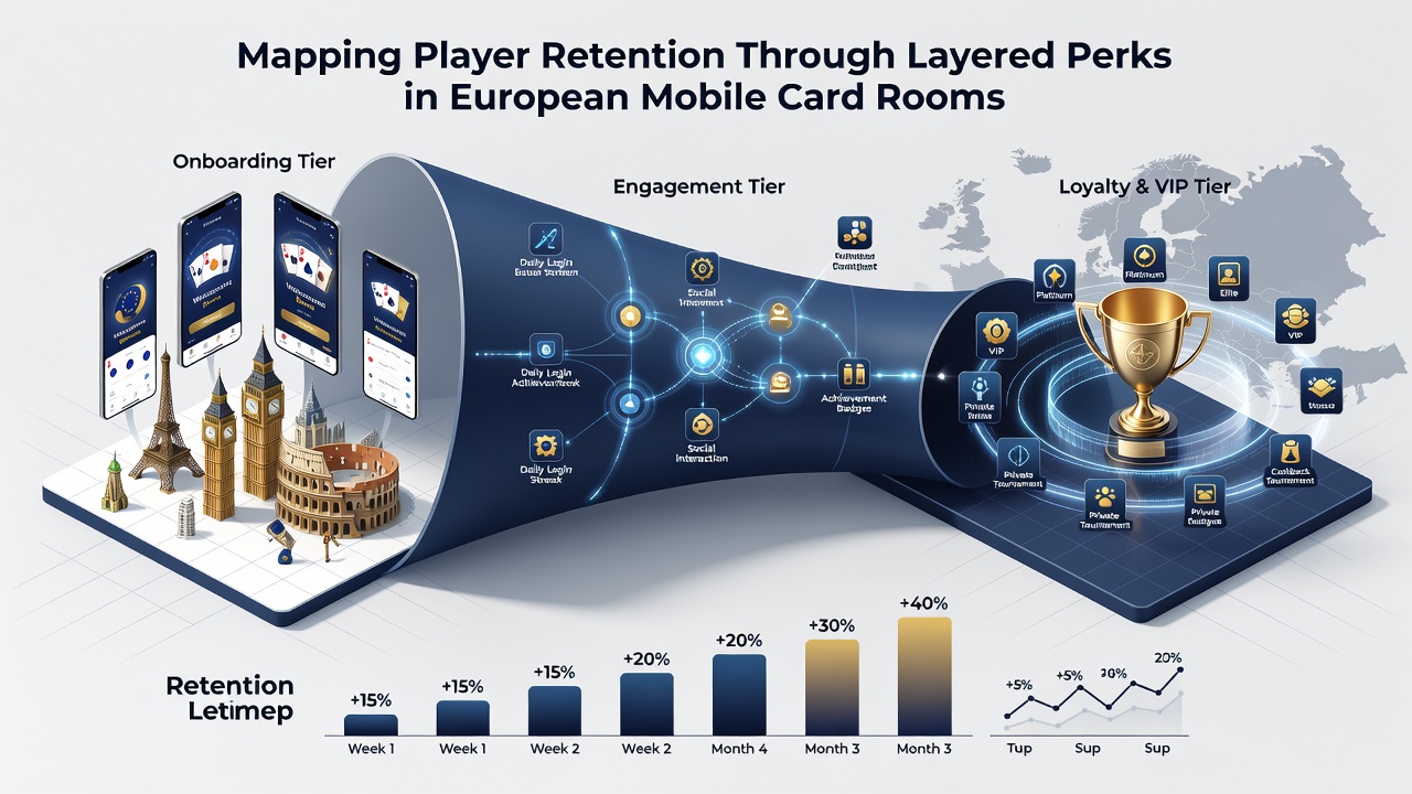 Detaillierte Grafik zu Spielerretention und gestaffelten Perks in europäischen Card-Rooms