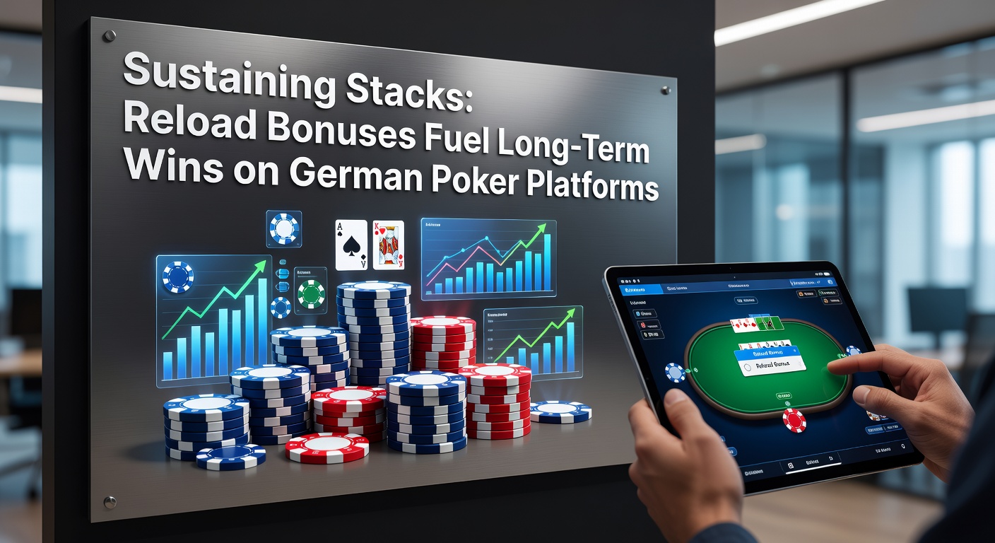 Poker-Spieler am Tisch mit wachsendem Chip-Stack, symbolisiert durch Reload-Bonus-Einträge auf einer deutschen Plattform