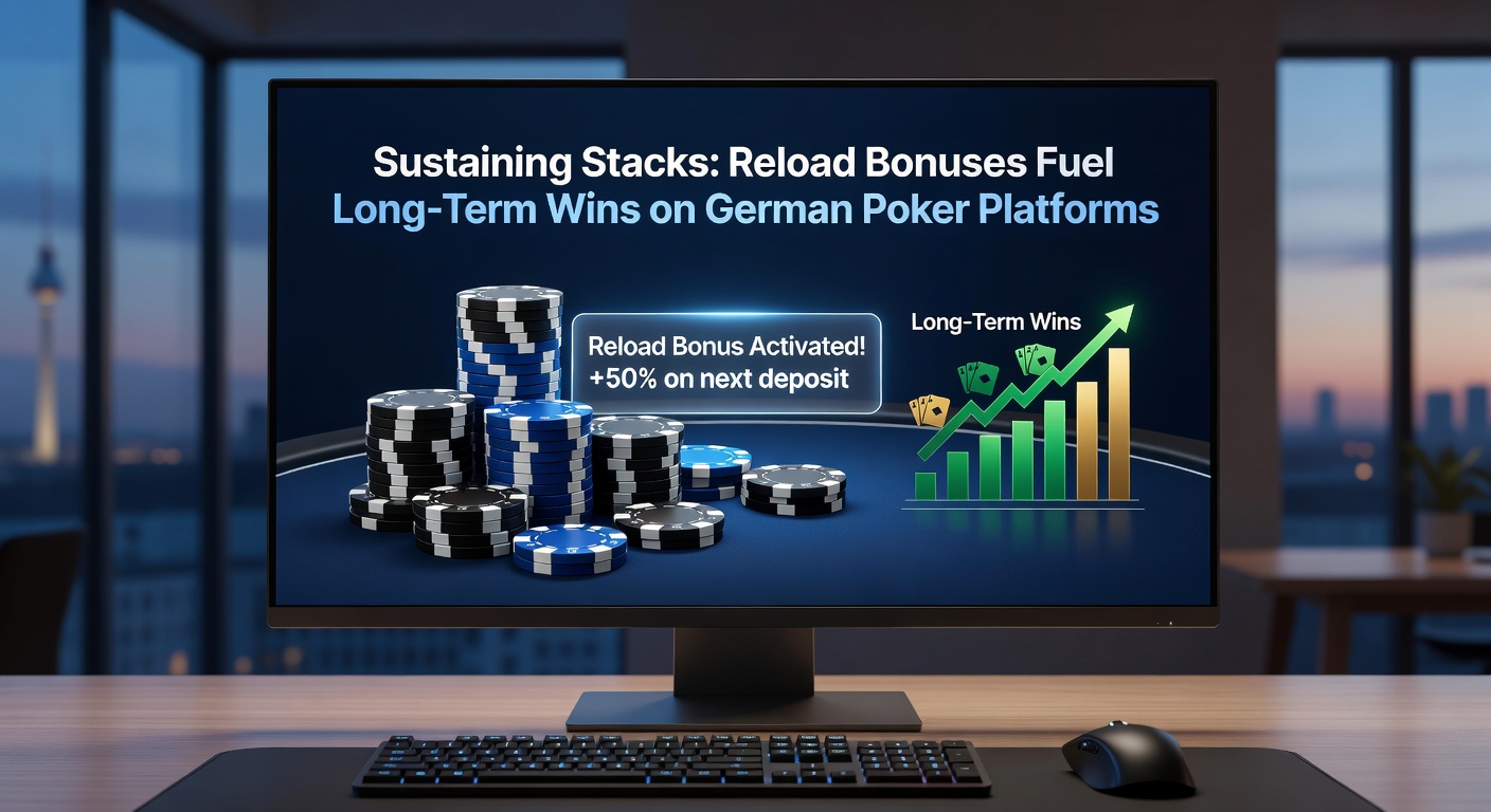 Grafik mit steigenden Chip-Stacks und Reload-Bonus-Icons auf einem deutschen Poker-App-Dashboard